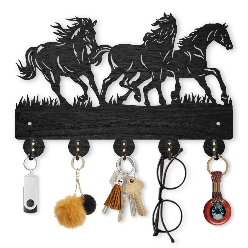 MAYJOYDIY Decorative Horse Key Holder, 30x20 cm Wood Wall Mount Rack, 5 Alloy Hooks, Running Horse Design for Wall Art Decor Entryway Front Door Room Kitchen Office