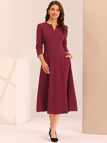 Allegra K Women's 3/4 Sleeve Dresses V Neck Elegant A-Line Work Business Formal Midi Dress with Pockets Medium Burgundy in Saudi Arabia | Whizz Dresses Allegra K Women's 3/4 Sleeve Dresses V Neck Elegant A-Line Work Business Formal Midi Dress with Pockets Medium Burgundy in Saudi Arabia | Whizz Dresses