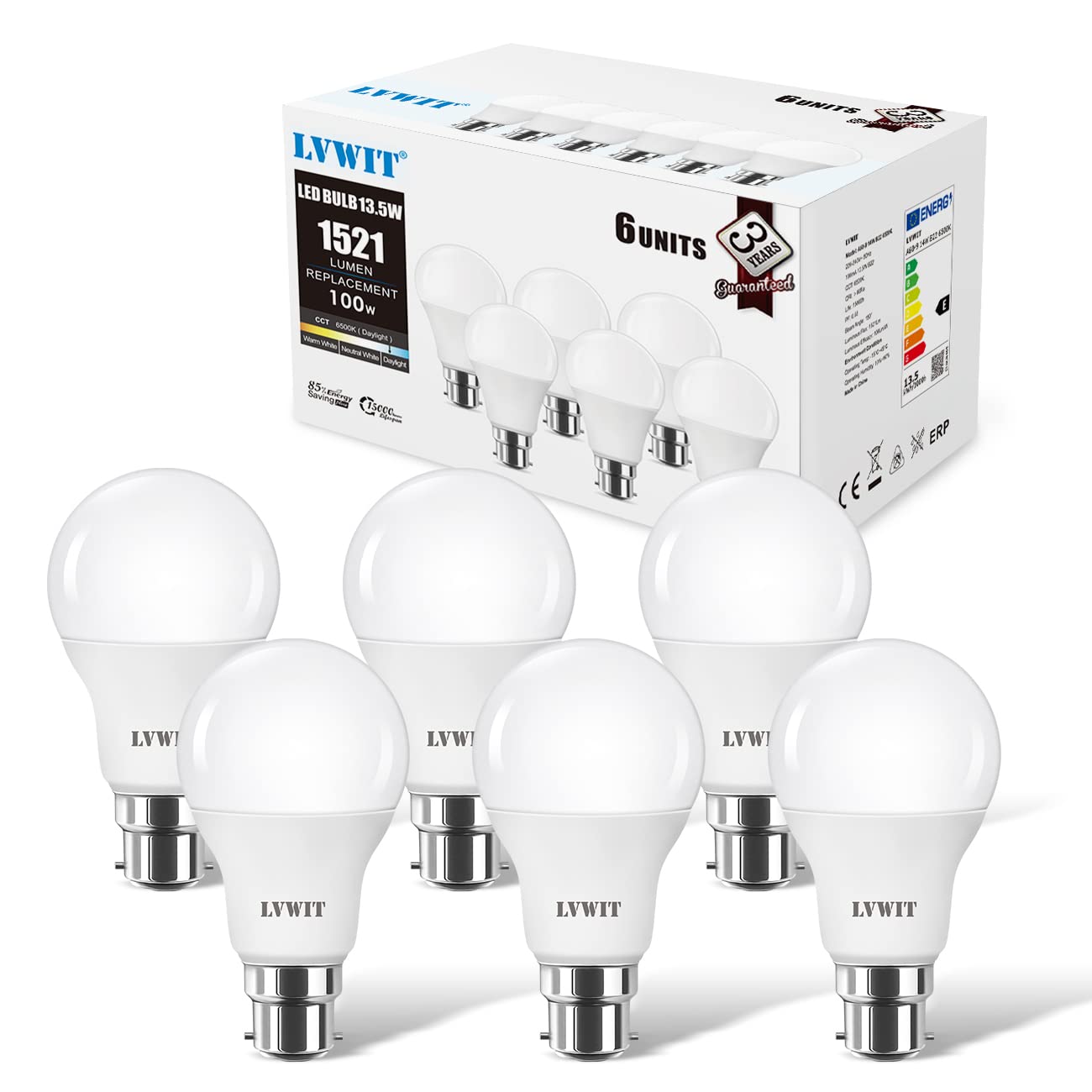 LVWIT Bayonet Light Bulbs 100W Equivalent, Cool White 6500K, 13.5W 1521LM Super Bright Daylight B22 LED Bulbs, BC GLS Energy Saving Light Bulbs, Non-dimmable, Pack of 6