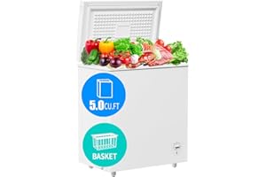PIPLEO Chest Freezer 5.0 Cu.Ft Deep Freezer with 7 Level Adjustable Temperature, Freestanding Mini Freezer with Removable Storage Basket, Small Freezer Chest with Top Open Door, Low Noise and Energy Saving