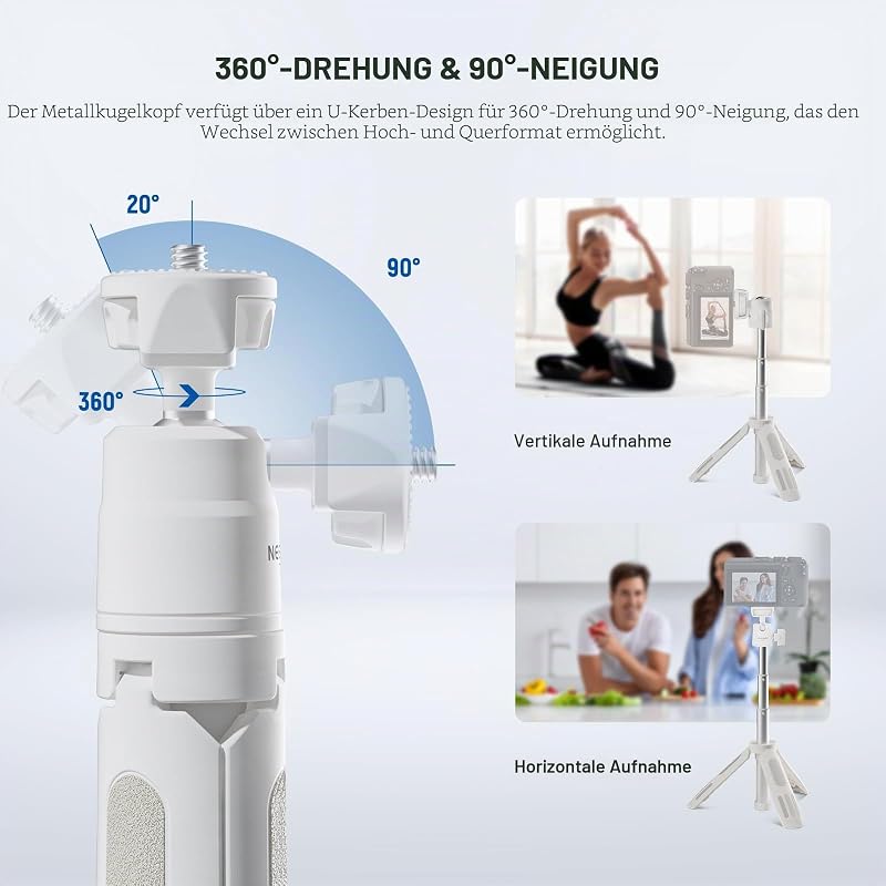 BASICS Mini Tisch Selfie Stick Stativ kompatibel mit iPhone GoPro Insta360 DJI, tragbare kleine Kamera, Webcam Android Handyhalterung, Kugelkopf, erhöhte Achse, Videoaufnahme Ständer, TP43 Weiß