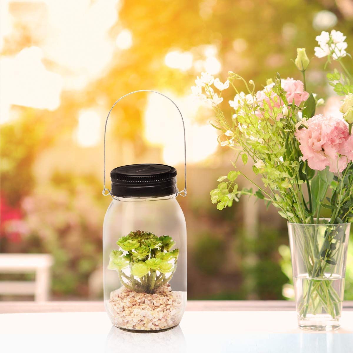 jiabang Solar Powered Lantern Mason Jar Solar Lights Artificial Succulent Hanging Glass Terrarium DIY Kit Glass Planter Solar LED for Garden Outdoor | Night Lamp for Bedroom Nursery Bathroom