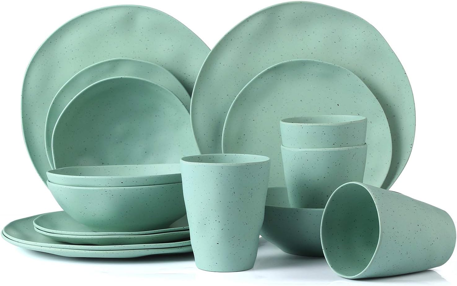 LEKOCH 16 Pieces Wave Series Green Irregular Coarse Pottery Serie Bamboo Dinnerware Set for 4