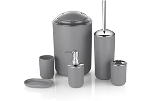 ZUVO Bathroom Accessories Set 6 Piece - Trash Can, Toothbrush Holder, Toothbrush Cup, Soap Dispenser, Soap Dish, Toilet Brush Holder - Modern Bathroom Decor Set (Grey)