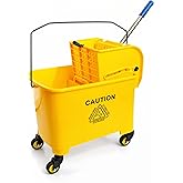 Berry Commercial Mop Bucket with Wringer | 22-Quart, Yellow Heavy Duty Mop Bucket Trolley with Caution Wet Floor Sign for Ind