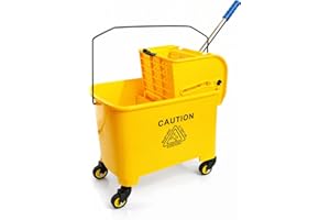 Berry Commercial Mop Bucket with Wringer | 22-Quart, Yellow Heavy Duty Mop Bucket Trolley with Caution Wet Floor Sign for Ind