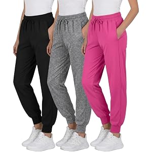 Forever 21 Girls 3 Pack Joggers, Active Performance Sweatpants, Size 4-16 | Moisture-Wicking Stretch Fabric, Side Pockets, El