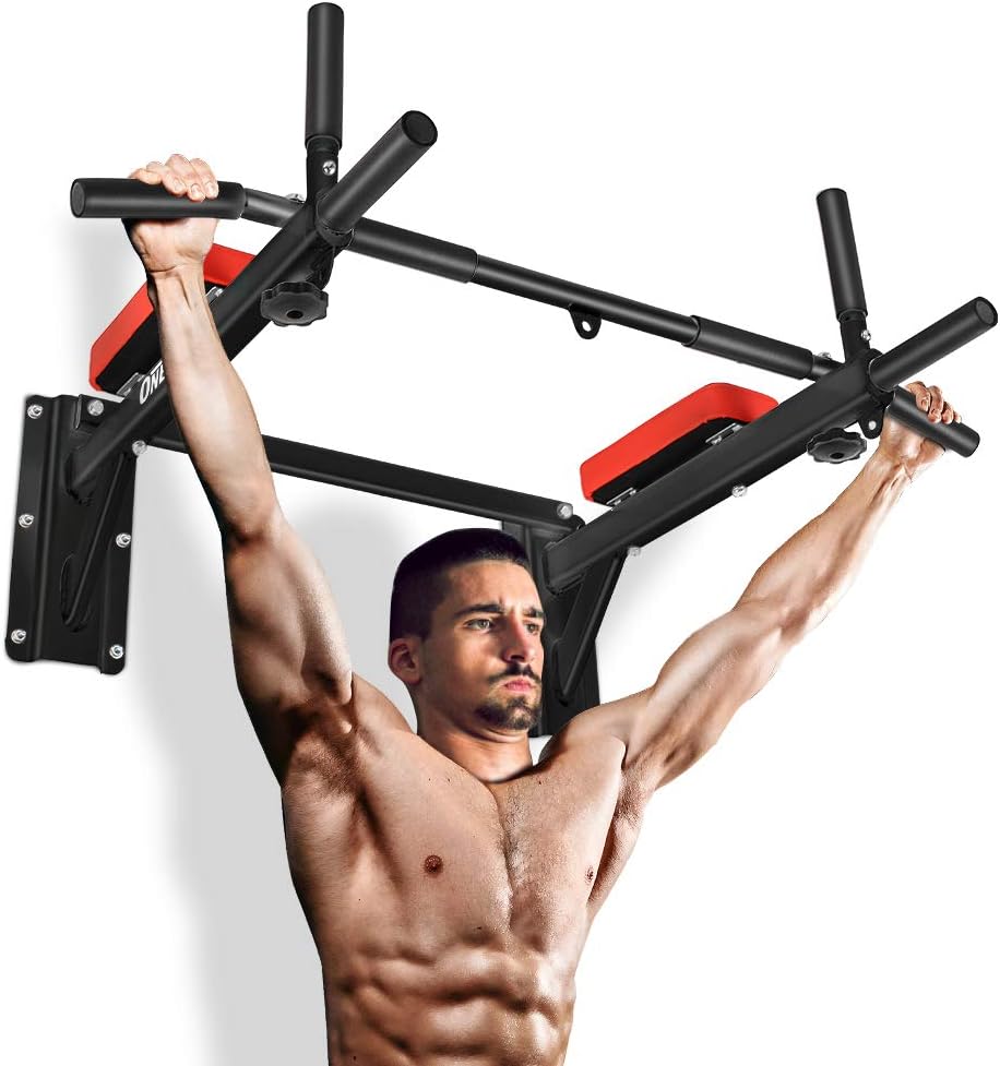 ONETWOFIT Wall Mounted Pull Up Bar Chin Up Exercise Bar Gym Dip Station Home Full Body Trainer with Punching Bag Eyelet for Boxing Power Ropes Slings