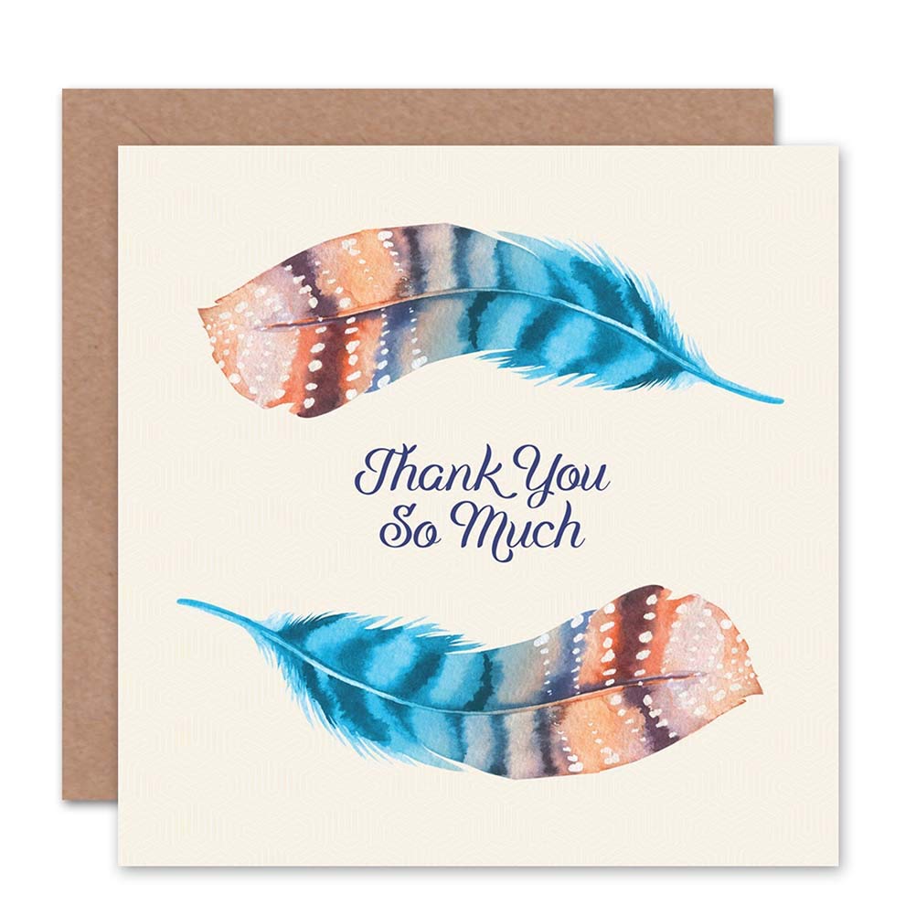 Wee Blue Coo THANK YOU CARD - FEATHER SET WATERCOLOUR PAINT CYAN ORANGE