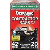 Ultrasac Contractor Bags 42 Gallon (20 PACK/w FLAP TIES), 32.75 x 44.5-3 MIL Thick Large Black Heavy Duty Industrial Garbage Trashbags for Professional Construction and Commercial use