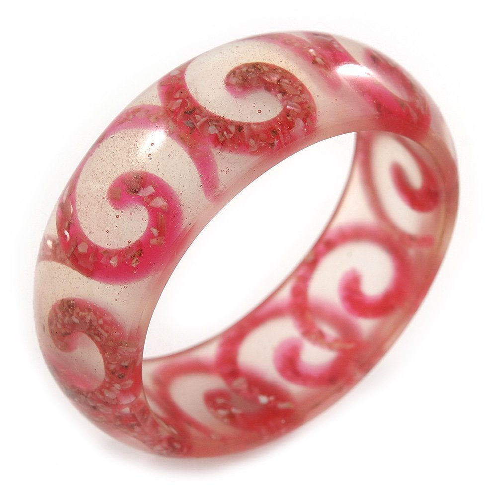 Avalaya Red Swirl Motif Acrylic Bangle Bracelet (Transparent) - Medium Size - up to 18cm