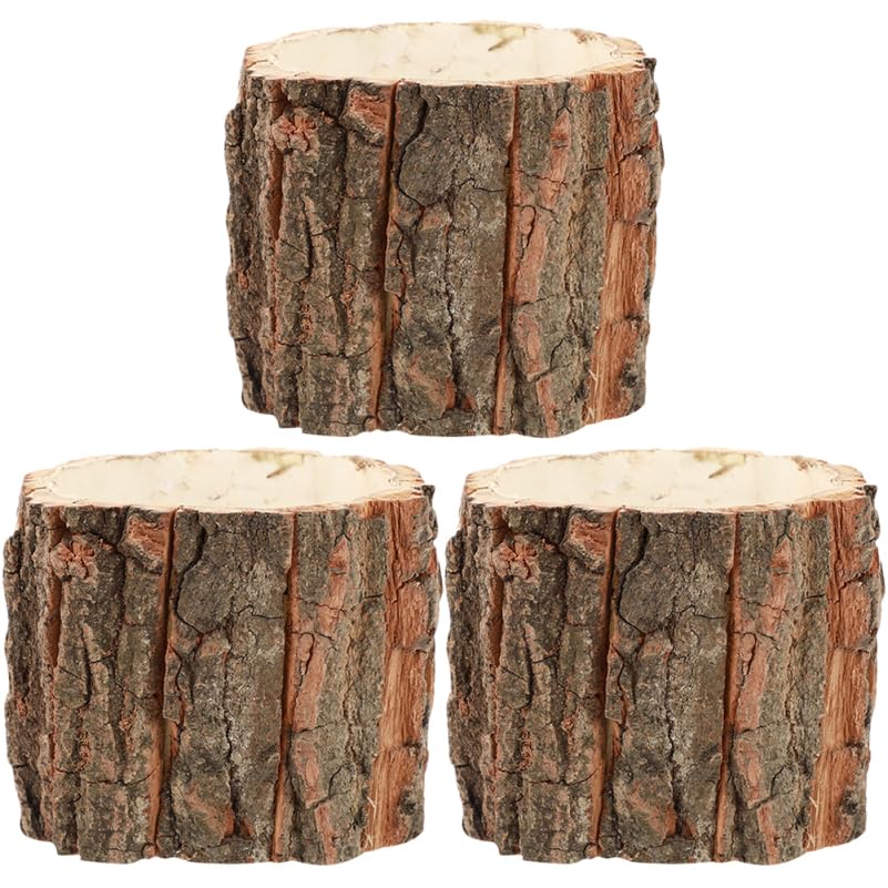 Operitacx Waterproof Bark Flower Bucket 4.72 Inch Rustic Farmhouse Flower Pots Set of 3 Log Plant Containers Wooden Planters for Indoor Outdoor Home Garden Decor