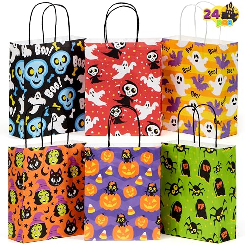 JOYIN 24 Pcs Halloween Paper Goodie Bags with Handles in 6 designs for Halloween Trick or Treat, Colorful Candy Bags for Party Favor, Party Supplies