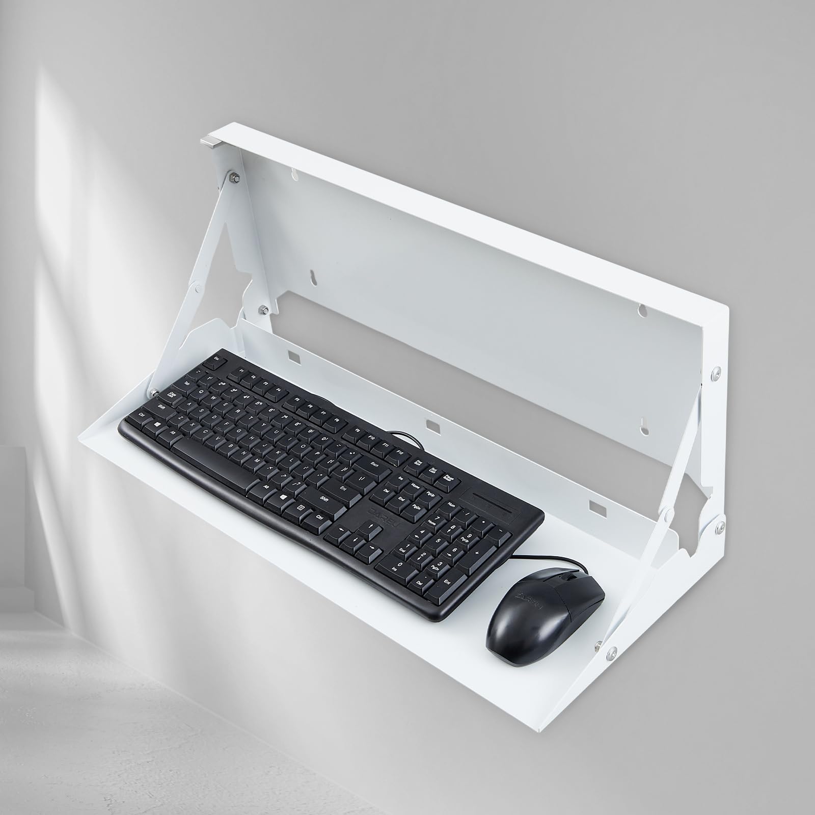 Photo 1 of ***MISSING ASSEMBLY HARDWARE*** Otoolling 1 Pcs 24 Inch Keyboard Wall Mount Foldable Fits Standard Computer Keyboard Mouse Stand Tray Organizer for Small Offices Apartments, Easy Installation with 4 Screws (White)