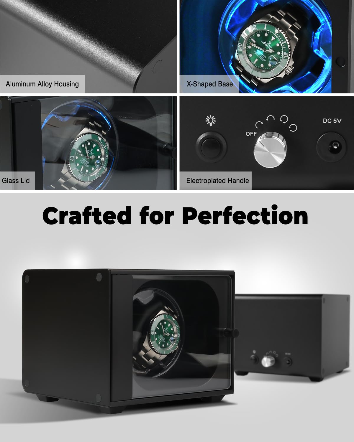 Watch Winder, Aluminum Single Automatic Watch Winder with Ultra Quiet Motor(≈0dB),Self-Winding Metal Watch Winder for Rolex and More,Blue Light,Side Open Glass Door,Gift for Watch Lovers