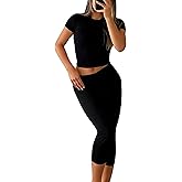 YETOWA Women's 2-Piece Activewear Set Fitted Short-Sleeve Crop Top & Capri Leggings Stretchy Soft Fabric for Yoga Gym Lounge