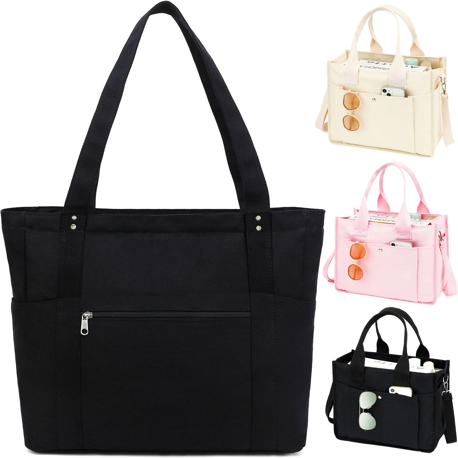 Photo 1 of Fammart Large Canvas Tote Bag for Women, Shoulder Handbag with Laptop Compartment for College Work Nurse Travel Gym - Luggage Strap, Zipper Closure, 9 Pockets