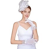 CAIYILA Fascinators Hat Flower Mesh Feathers Headband Derby Hat Clip Tea Party Headwear and Lace Gloves with Bows for Women