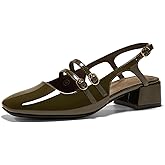 GotSoft Women's Mary Jane Chunky Low Block Heels Slingback Pumps Closed Square Toe Double Strap Wedding Dress Shoes