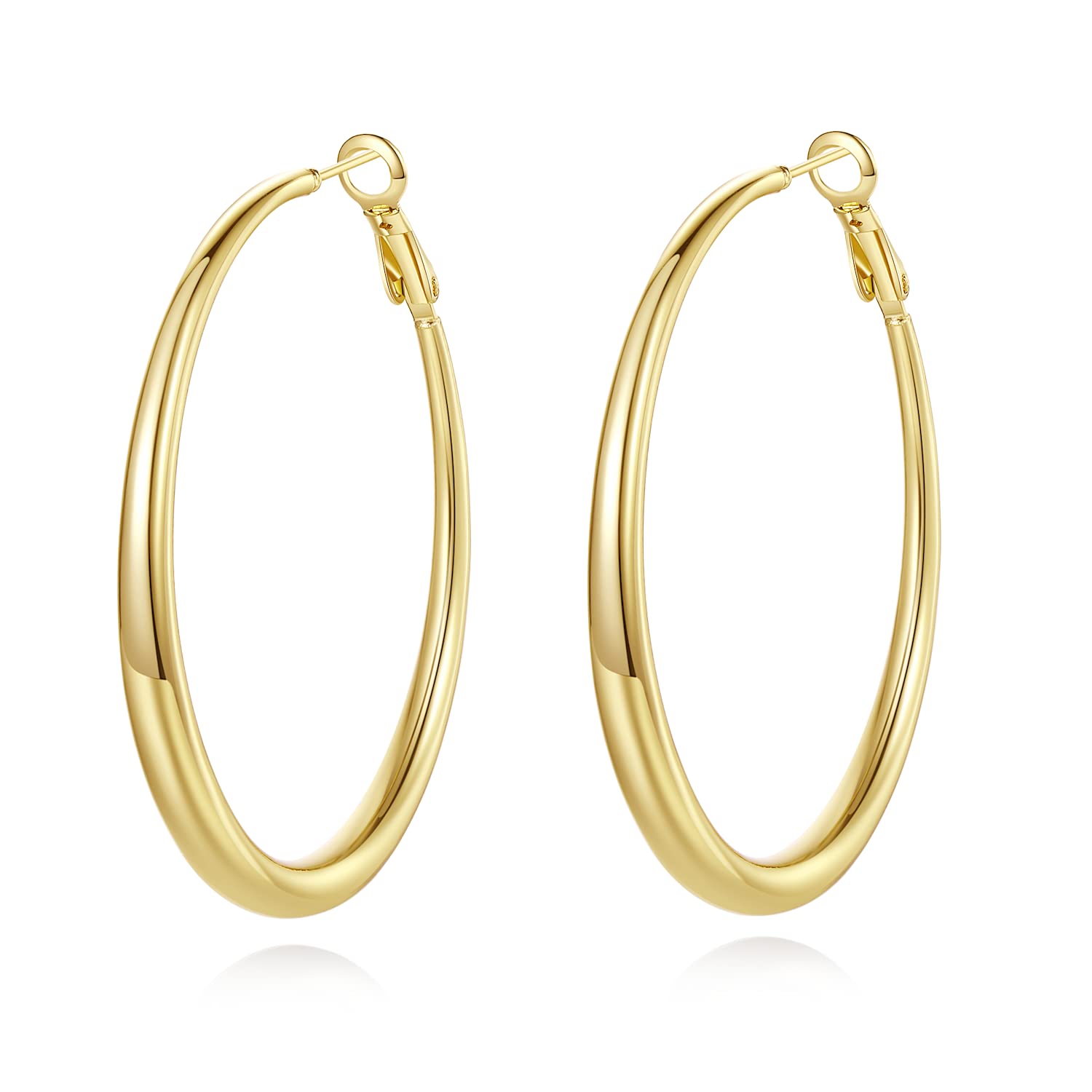 Yumay 14K Gold Hoop Earrings for Women,50MM Round Earrings with High Polishing.