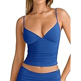PINKMSTYLE Women's Sexy V Neck Ruched Cami Top Sleeveless Spaghetti Double Layer Fitted Crop Tank Tops