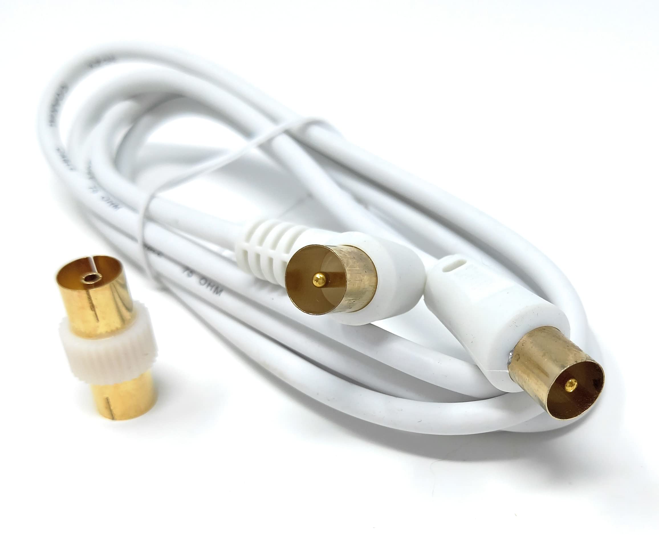 DRUT 1.5m, TV RF Right Angle Male to Male Aerial Antenna Coaxial Cable With Female to Female Coupler Gold Connectors 75 ohm, 3C2V (5ft, White)