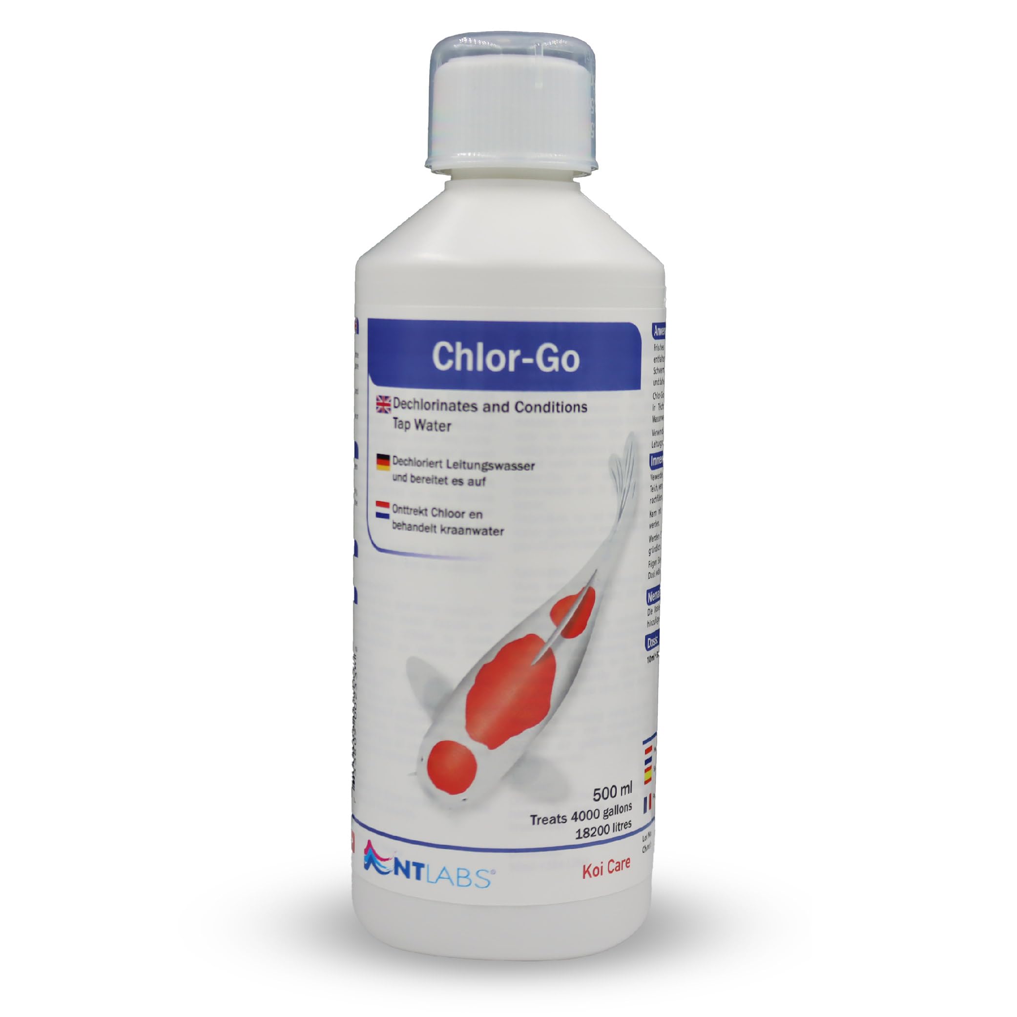 NT Labs Koi Care Chlor-Go, Tap Water Chlorine Remover, Koi Pond Dechlorinator, Rapid Removal of Chlorine, Chloramine, Other Halogens and Heavy Metals Making Pond Water Safe for Koi. SIZE 500ml