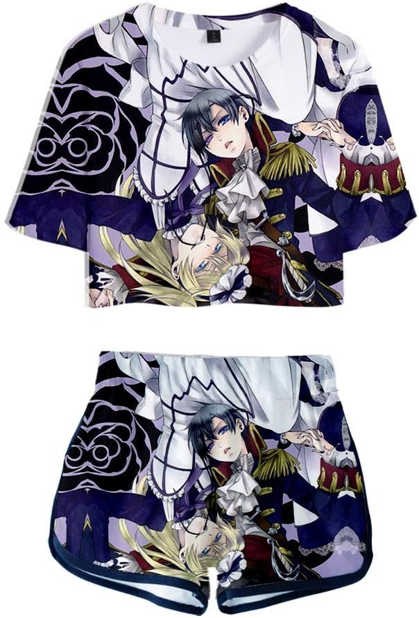 Anime Black Butler 3D Sexy Navel Short T-Shirt and Shorts Sportswear Set for Girl/Women