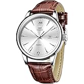 OLEVS Mens Watches Vintage Leather Band Dress Classic Easy Reader Arabic Numerals Analog Quartz Waterproof Date and Day Blue/Black/White Large Face Men's Wrist Watches