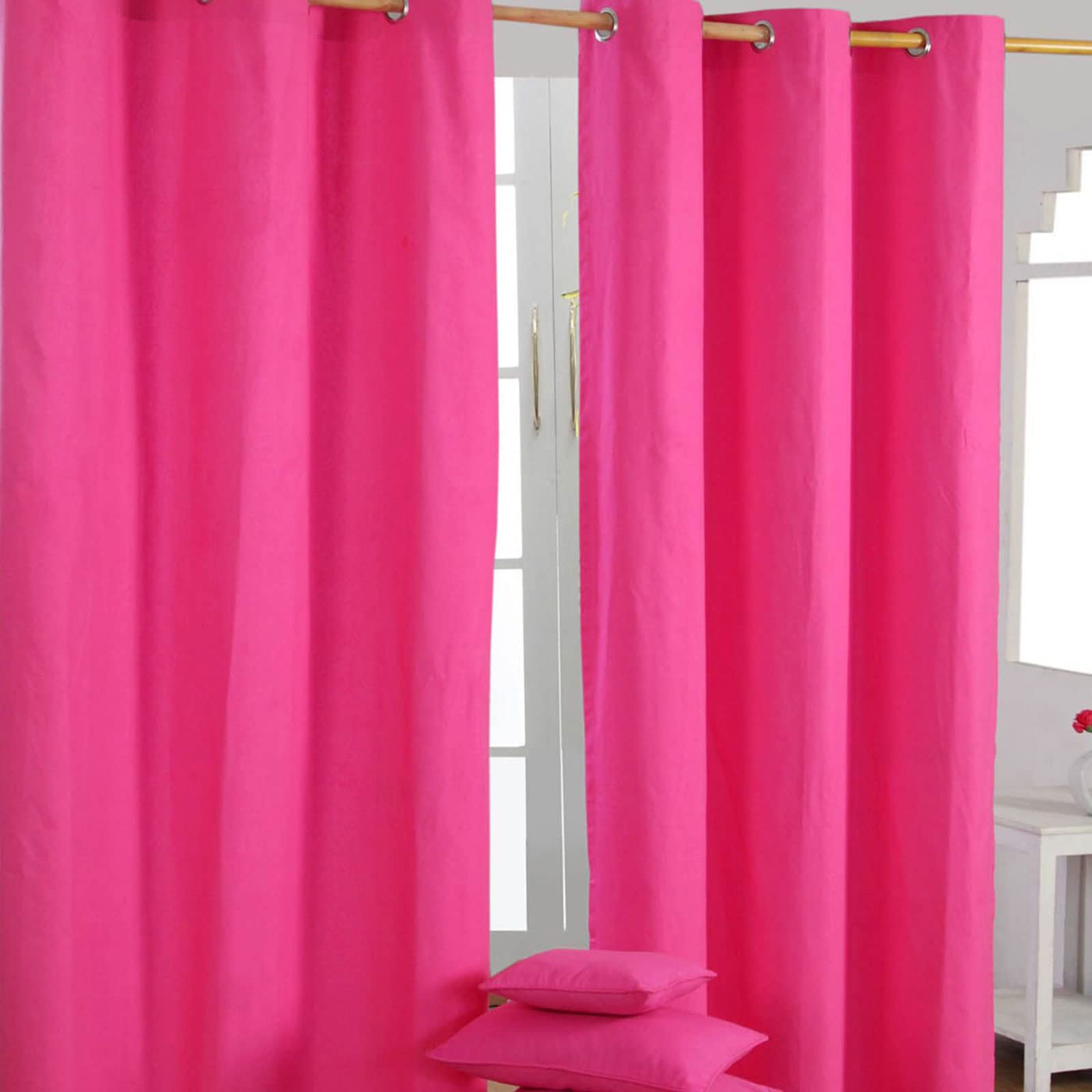 HOMESCAPES Hot Pink Eyelet Curtain Pair 137cm (54") Wide x 182cm (72") Drop Plain Heavy Unlined Curtains — image 1