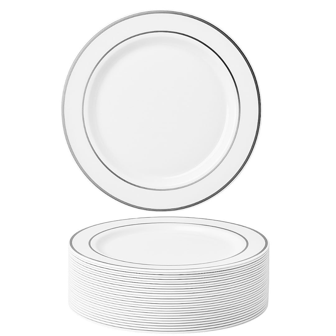 MATANA 25 Premium White Plastic Dessert Plates with Silver Rim, 19cm / 7 Inch - Elegant & Reusable Small Side Plates, Starter Plates for Weddings, Birthdays, Picnic, BBQ, Parties