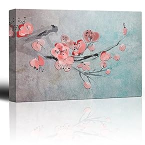 Cherry Blossom Branch Over a Blue Abstract Watercolor Background - Giclee Prints Canvas Wall Art Modern Home Art | Stretched Gallery Wrap Ready to Hang - 12x18 inches