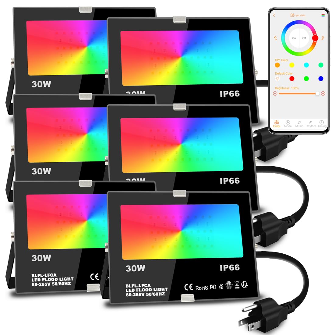 Photo 1 of Led Flood Light 30W, 300W Equivalent 3000 LM Outdoor Color Changing Led Stage Landscape Lights, Bluetooth RGBW Smart Floodlights 2700K & 16 Million Colors&Timing& Music Sync, IP66?US 3-Plug (6 Pack)