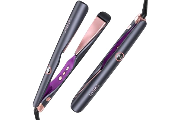 LANDOT Hair Straightener and Curler 2 in 1, Dual Voltage Twist Flat Iron 1" | Anti-Frizz Tourmaline Ceramic Plates, Fast 30s
