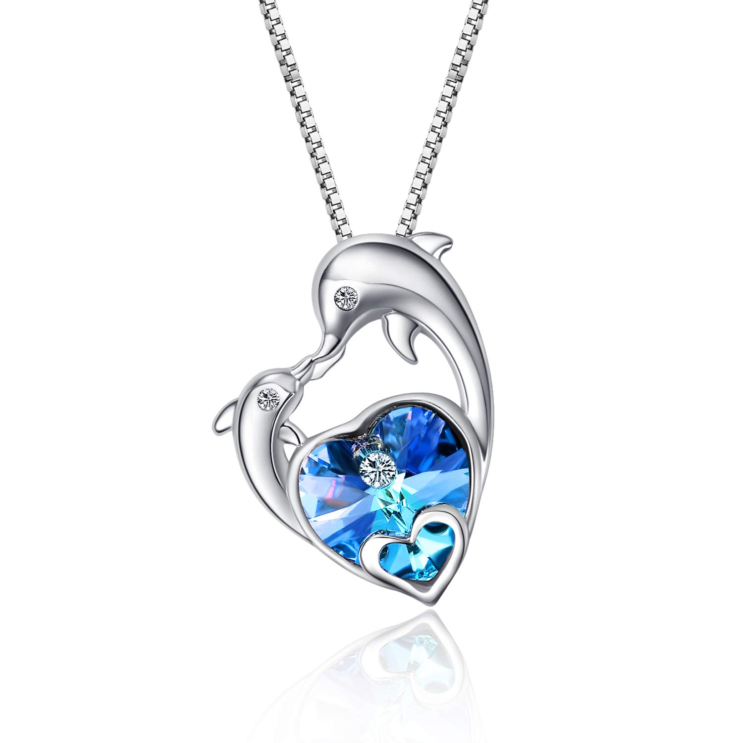 WINNICACA Dolphin Necklace Sterling Silver Blue Heart of Ocean Heart Crystal Pendant Necklace Jewellery Gifts for Women Birthday made with Crystal