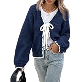 ZAFUL Women's Long Sleeve Cardigan Cute Tie Front V Neck Bow Puff Fall Winter Loose Knit Trendy Cardigan Sweaters 2025