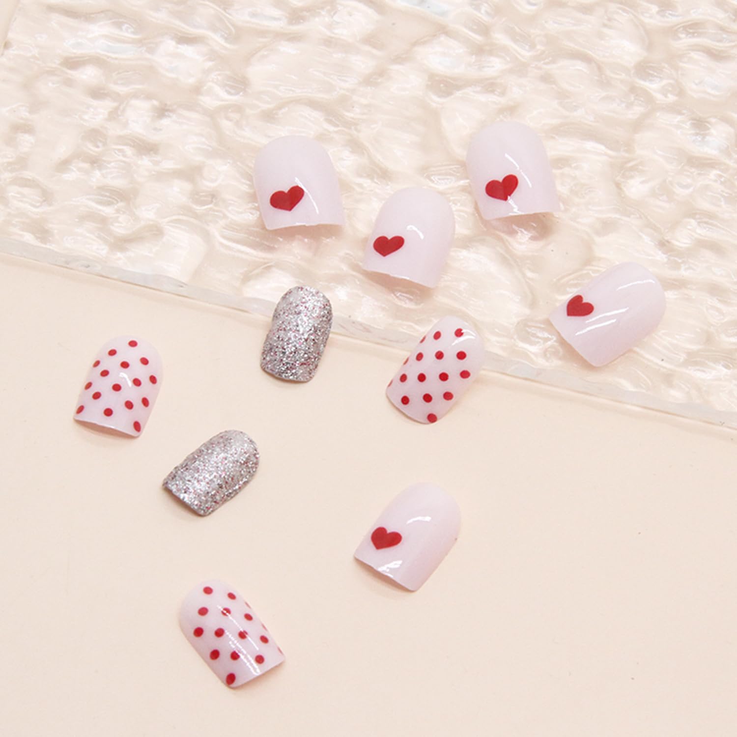 24Pcs Valentines Press on Nails Short Square Petite Pink Heart Fake Nails Valentines Day Nails with Glitter Design Cute Wave Point Full Cover Short False Nails for Women Acrylic Manicure Salon - Image 5