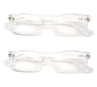 2 Pairs Casual Fashion Rectangular Reading Glasses - Stylish Simple Readers Magnification (Clear, 1.75)
