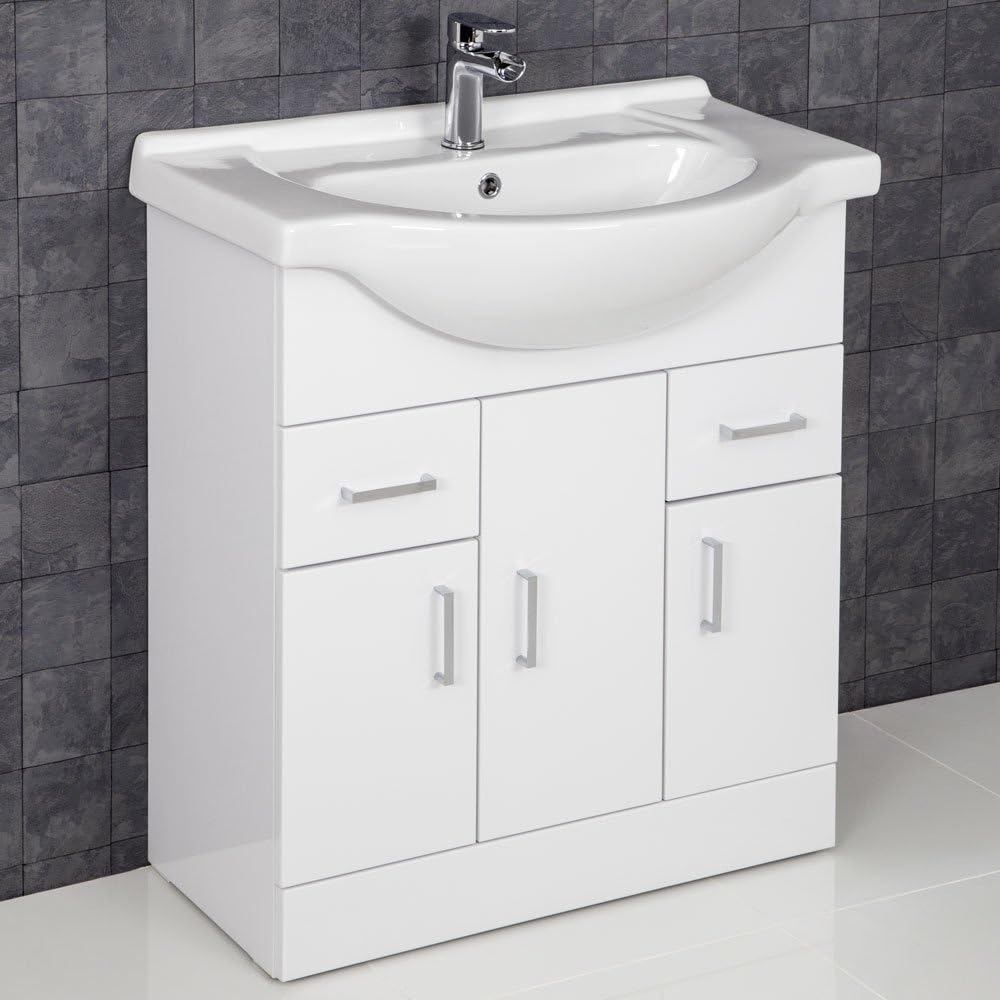 ESSENTIALS 750mm Bathroom Vanity Unit & Basin Sink Gloss White