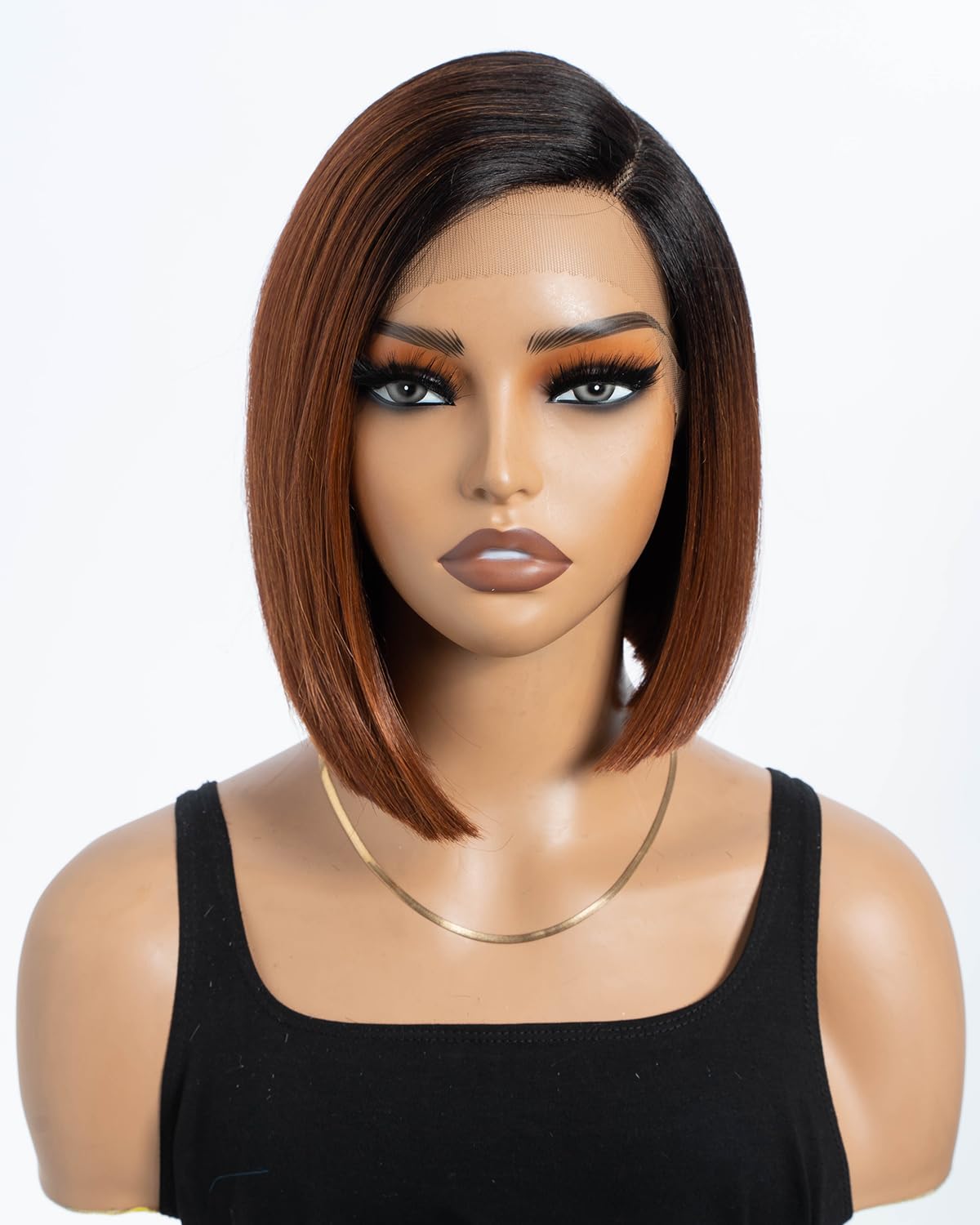 Style Icon Lace Front Bob Wigs Ombre Brown Side Part with Hand-Tied Lace Front Natural Hairline Short Bob Black Root to Brown Hair Synthetic Wig for Women Blunt Cut Black Bob Wig