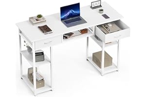 OLIXIS 48 Inch Desk with Drawers, Home Office Computer Desk with Adjustable Shelves on Both Sides, Study Writing Table with Adjustable Feet for Bedroom, White
