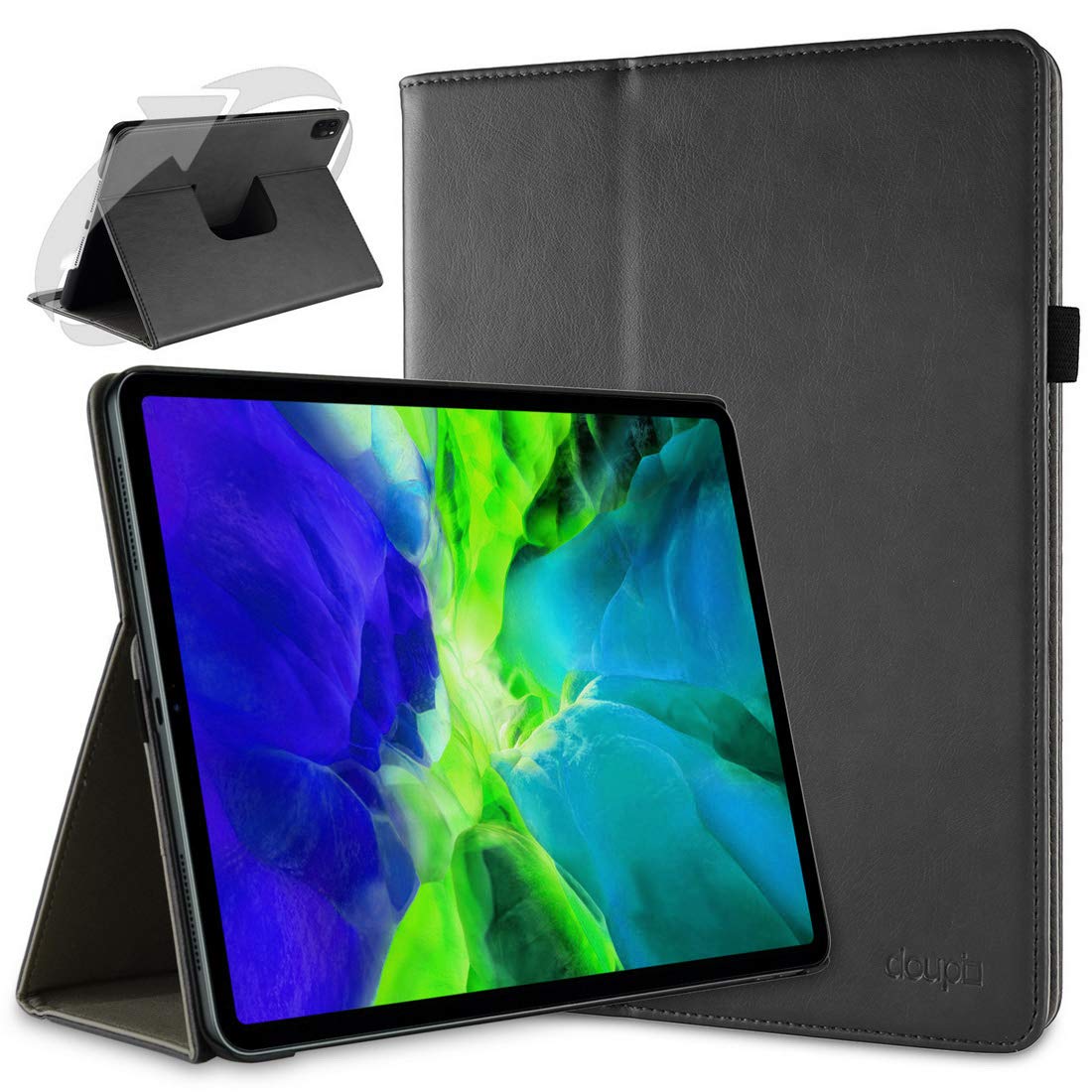 doupi Smart Flip Cover for iPad Pro 11 inch (2. Gen.) 2020, Deluxe Protective Case with Sleep/Wake Function 360 Degree Rotatable Stand Screen Protector, Black