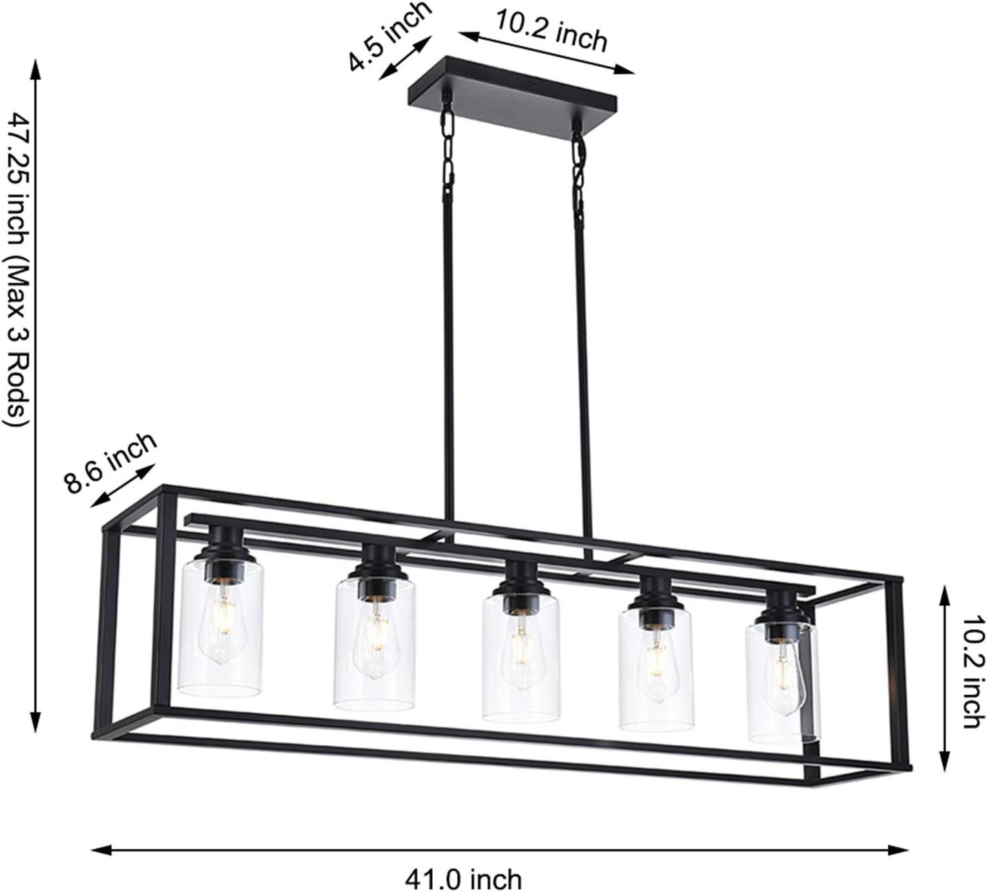 LUBURS Kitchen Island Lighting - 5 Lights Chandelier, Black Pendant Lighting with Metal Adjustable Rods&Clear Glass Shade, Vintage Pendant Ceiling Lamp for Dining Room Kitchen Living Room Farmhouse - - 