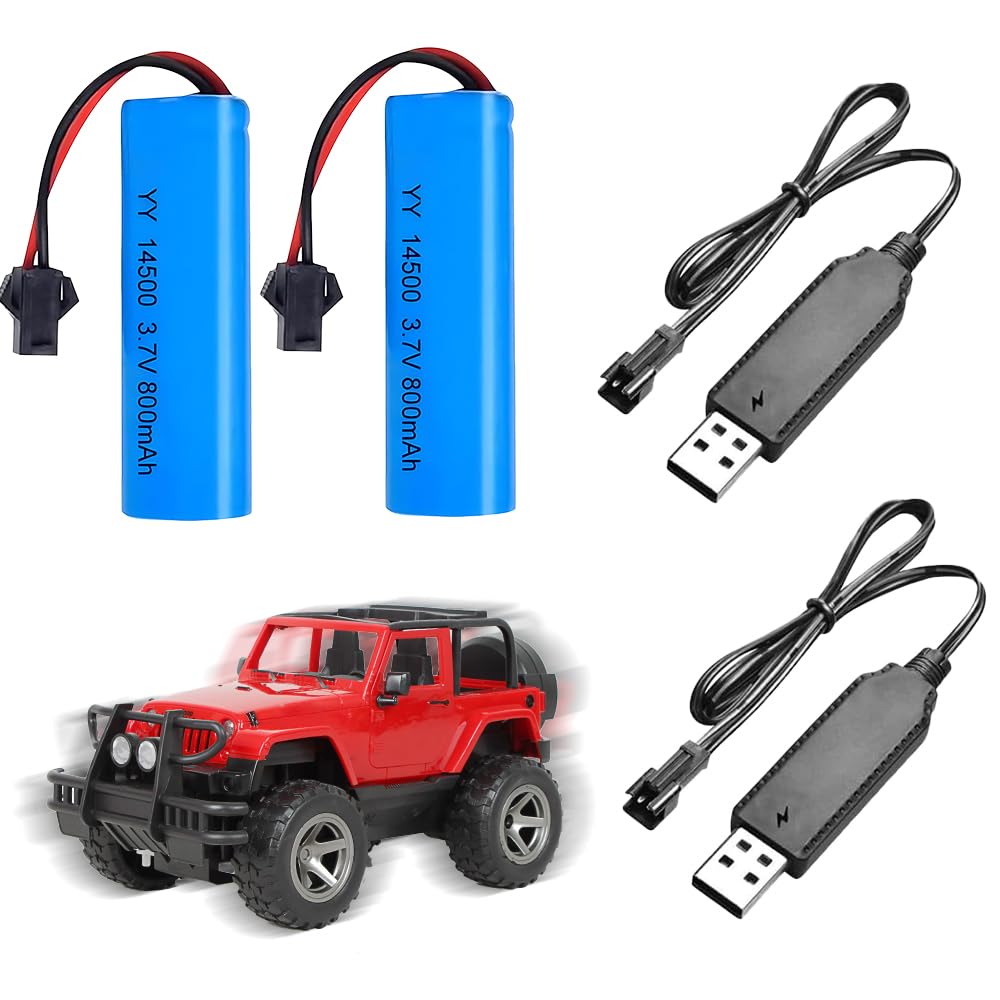2 Pcs 3.7V 800mah Li-Ion Battery, 3.7V Rechargeable Batteries for RC, Rechargeable Lithium Batteries with 2 USB Charger SM-2P Plug Connector, Replacement Battery for RC Tanks Robots