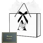 Alphabet Birthday Gift Bag, Initial Gift Bag with Card and Tissue Paper for Men Women, Large Black White Personalized Bow Bags for Bridal Party, Wedding, Graduation, Birthday Gifts Bags (Letter A)