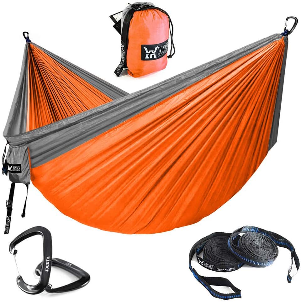 WINNER OUTFITTERS Double Camping Hammock - Lightweight Nylon Portable Hammock, Parachute Double Hammock for Backpacking, Camping, Travel, Beach, Yard. (Do Orange/Grey, 78" W x 118" L)