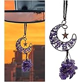 Amethyst Crystal Car Rear View Mirror Charm, Handmade Auto Mirror Hanging Accessories, Healing Crystal Moon Car Ornament, Lucky Auto Interior Decoration Pendant for Women Men (Purple)