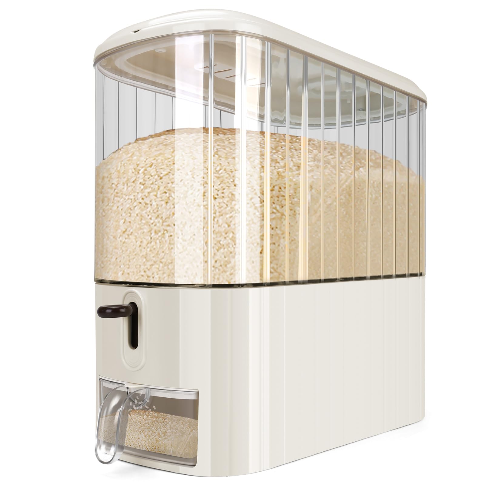 Photo 1 of Triiter Clear Rice Dispenser, Cereal Dispenser with Lid Time Scale, Airtight Food Dispenser Bucket for Rice, Corn, Grain, Rice Container for Home Kitchen Pantry Organization (13 Lbs Clear and White)