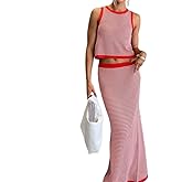 ksotutm Womens Two Piece Sets Knit Summer Outfits Round Neck Tank Top Low Waist Maxi Skirt Business Casual Outfits