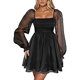 WISFRUIT Womens Square Neck Dress Long Puff Sleeve A-Line Casual Short Mini Dresses Sheer Mesh Birthday Dress